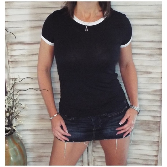 Contrast Trim Crew Neck  Top Black Ivory 2419 - Picture 3 of 6